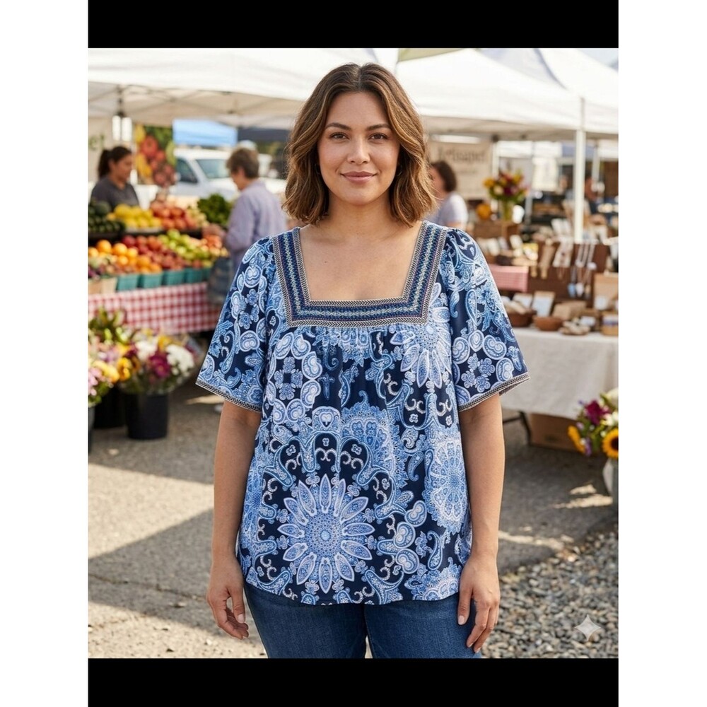 Square-Neck Paisley Print Women's Blouse in Blue XL